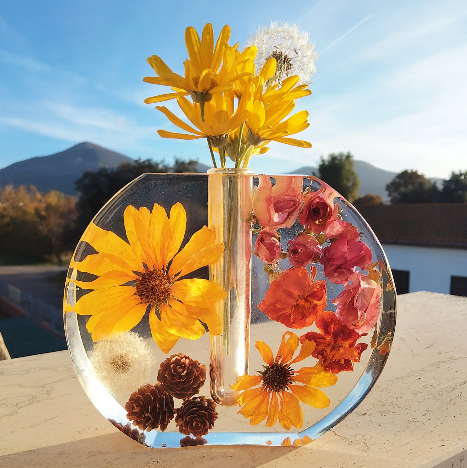 Vaso con Fiori Gialli e Soffioni Autunna
