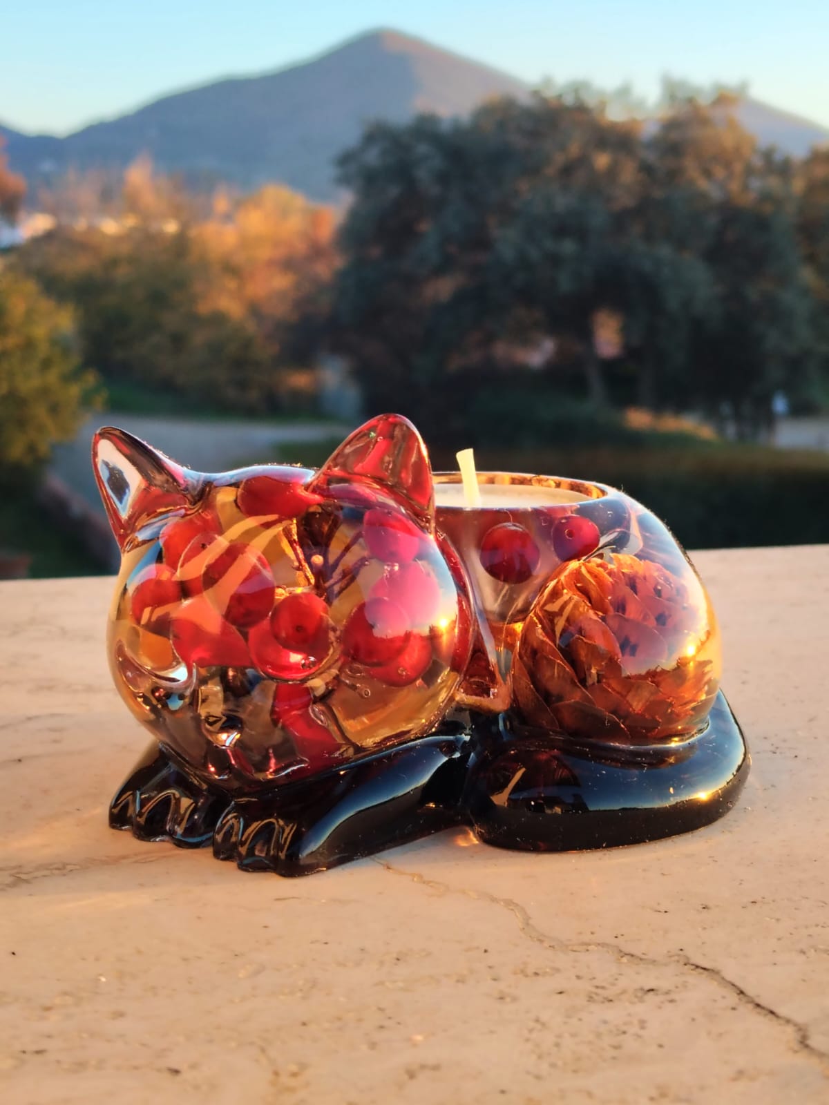 Porta Candela Gattino Autunnale - Resina con Elementi Botanici Naturali