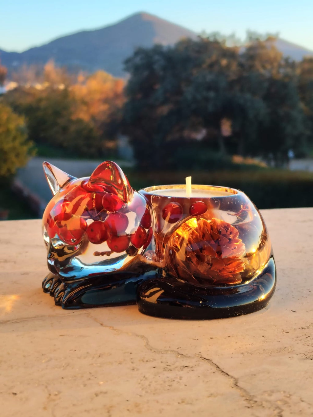 Porta Candela Gattino Autunnale - Resina con Elementi Botanici Naturali