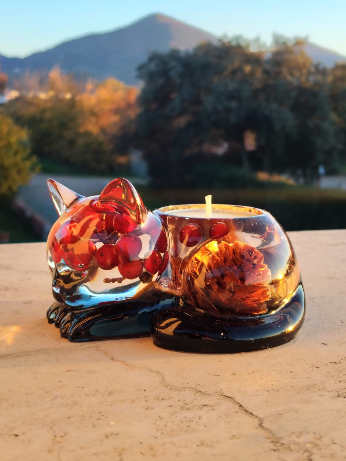 Porta Candela Gattino Autunnale - Resina con Elementi Botanici Naturali