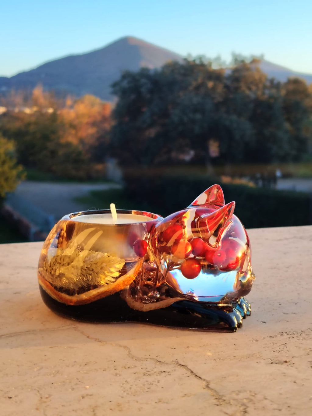 Porta Candela Gattino Autunnale - Resina con Elementi Botanici Naturali