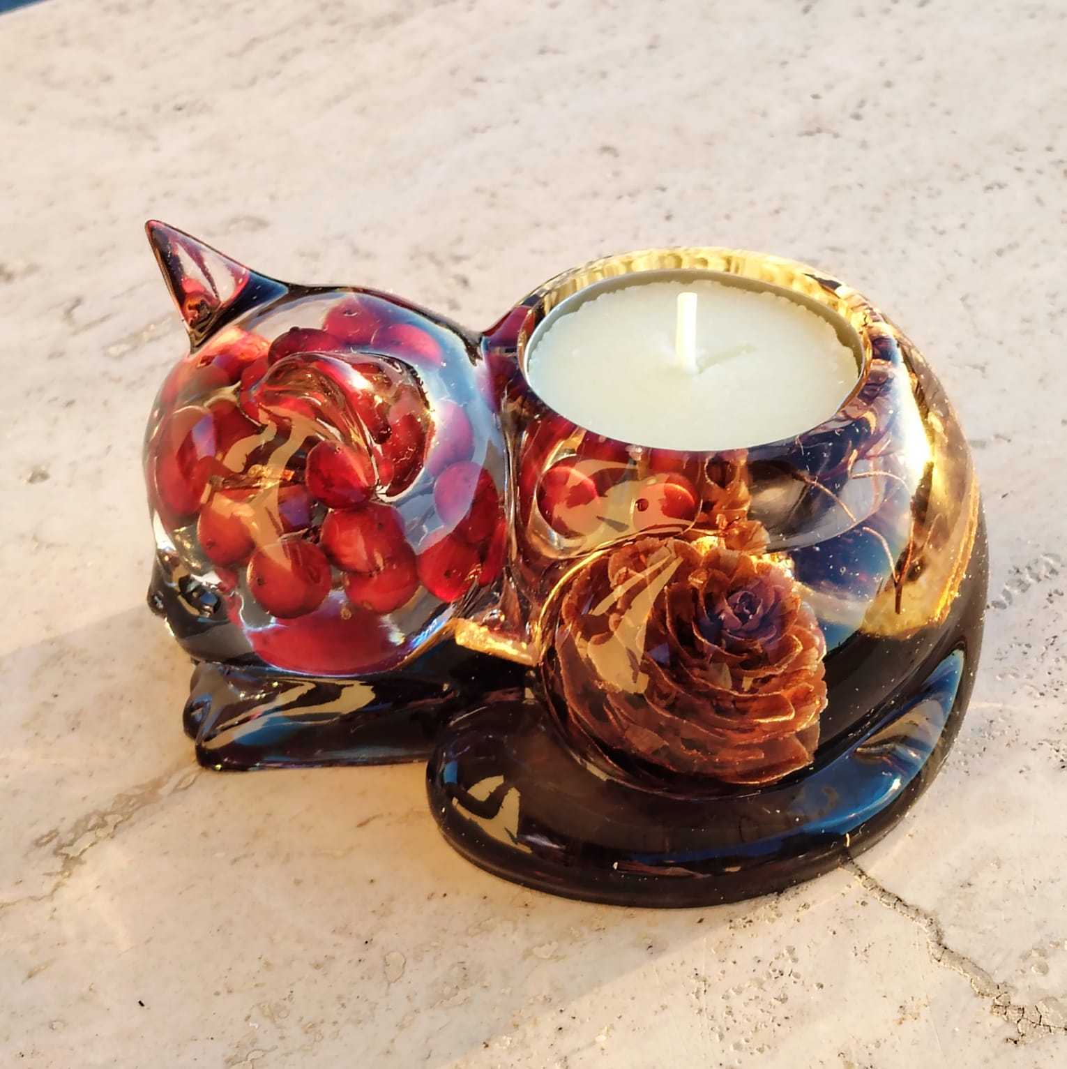 Porta Candela Gattino Autunnale - Resina con Elementi Botanici Naturali