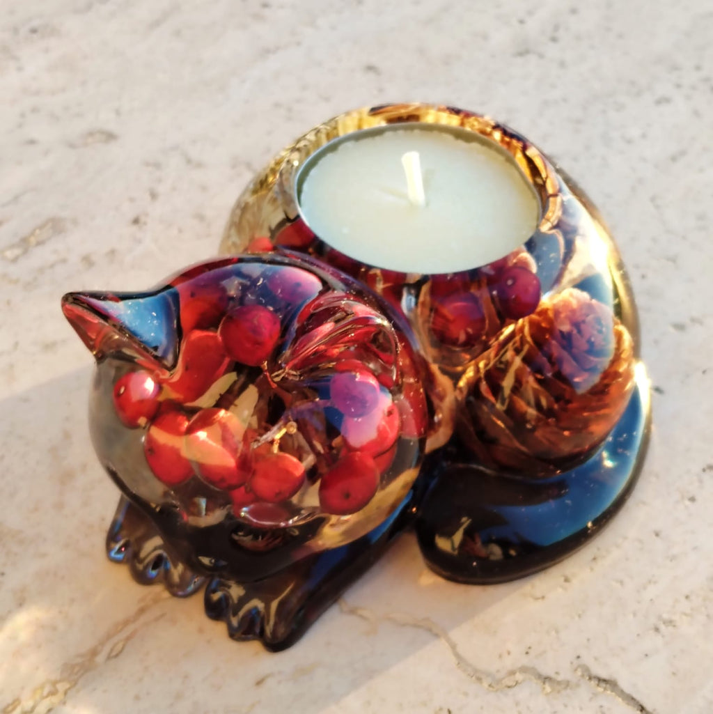 Porta Candela Gattino Autunnale - Resina con Elementi Botanici Naturali