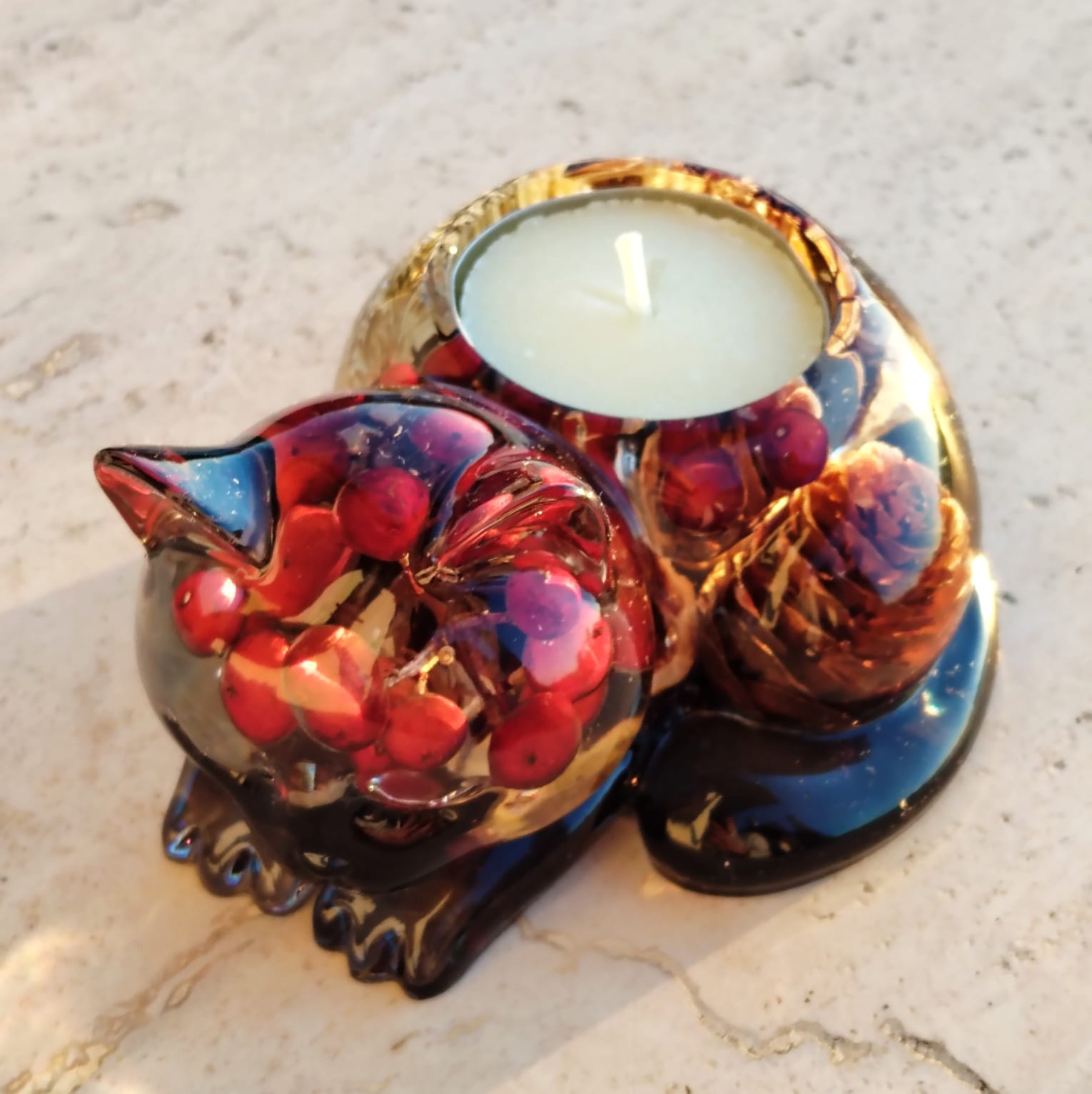 Porta Candela Gattino Autunnale - Resina con Elementi Botanici Naturali